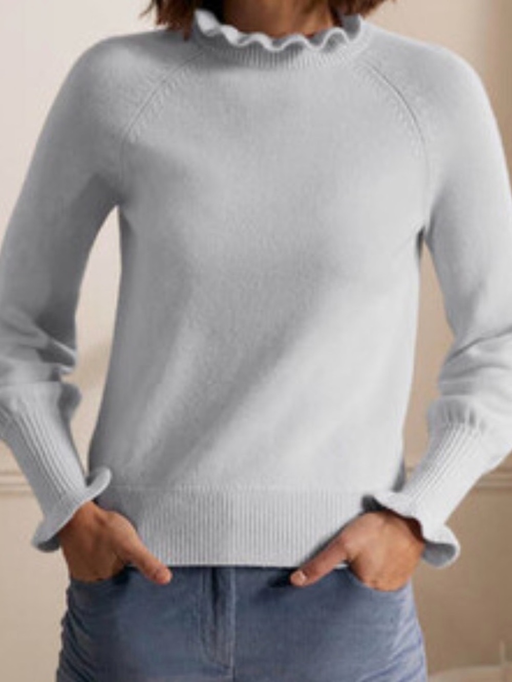 Boden 100% Cashmere Frill Neck Jumpe in light blue pit to pit 19 (mix26)